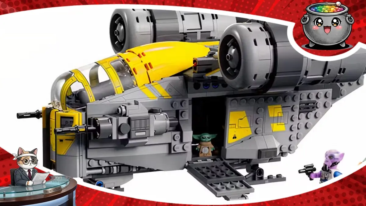 Zbudowany z klocków statek Razor Crest z serii LEGO Star Wars, z otwartą rampą i minifigurką Grogu, na podstawie oficjalnej zapowiedzi nowego zestawu z Mandalorianina.