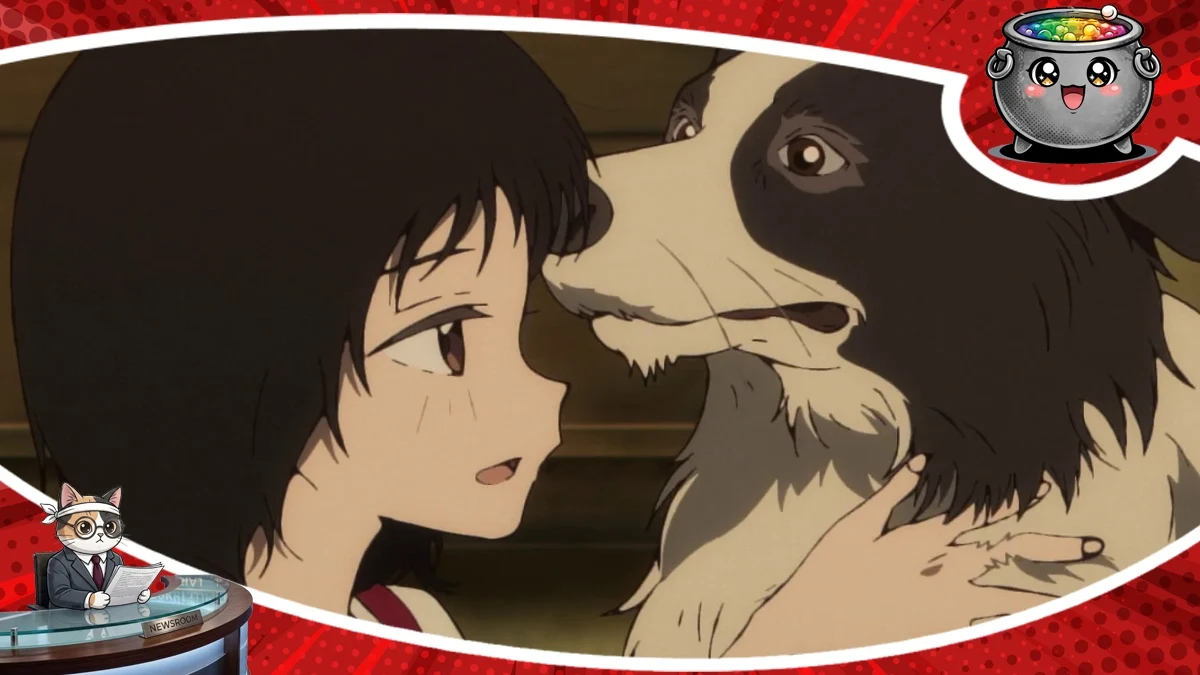Emocjonalny kadr z anime Takopi's Original Sin przedstawia młodą Shizukę o smutnym spojrzeniu, która delikatnie gładzi swojego wiernego psa Chappy'ego.