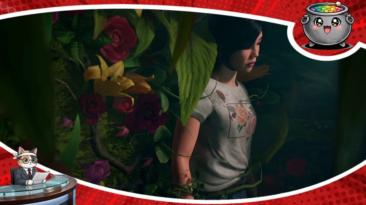 Kadr z gry horror The Florist: Gardens of Death przedstawiający postać w koszulce z motywem róż, która przedziera się przez gęste, mroczne zarośla pełne egzotycznych roślin.