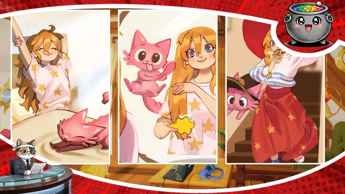 Urocza grafika z gry The Witch’s Bakery przedstawiająca codzienność bohaterki i jej magicznego kociego towarzysza.
