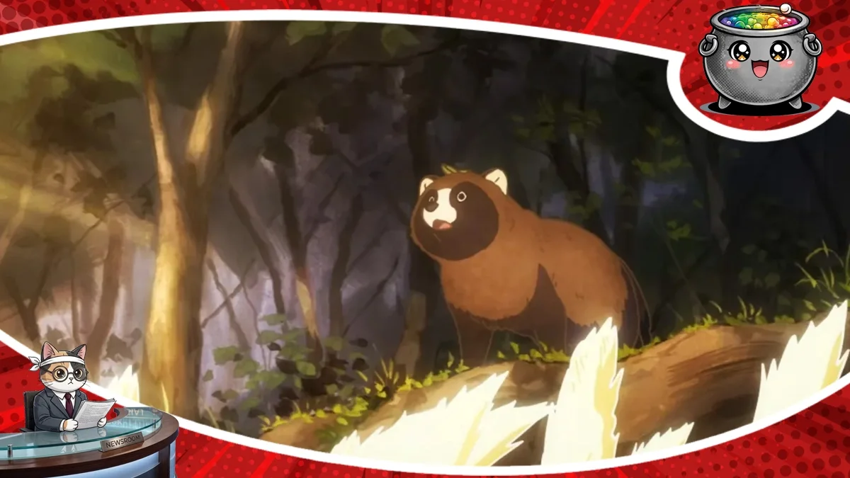 Kadr z zapowiedzi anime Would You Like to Be a Tanuki?, przedstawiający urokliwego, brązowego jenota (tanuki) stojącego w gęstym lesie, ilustrujący newsa o ekranizacji z 2026 roku.