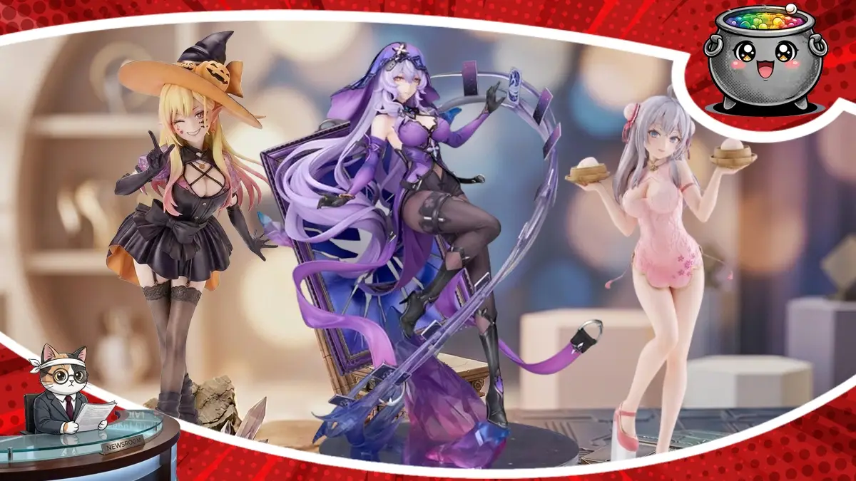 Trzy szczegółowe figurki anime w różnych strojach, od czarownicy po suknię wieczorową, prezentujące nadchodzące zapowiedzi kolekcjonerskie na 2027 rok.