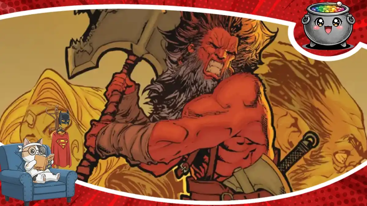 Grafika promocyjna z komiksu Barbaric: Księga 2, przedstawiająca głównego bohatera z toporem, wykorzystana w recenzji publikacji,