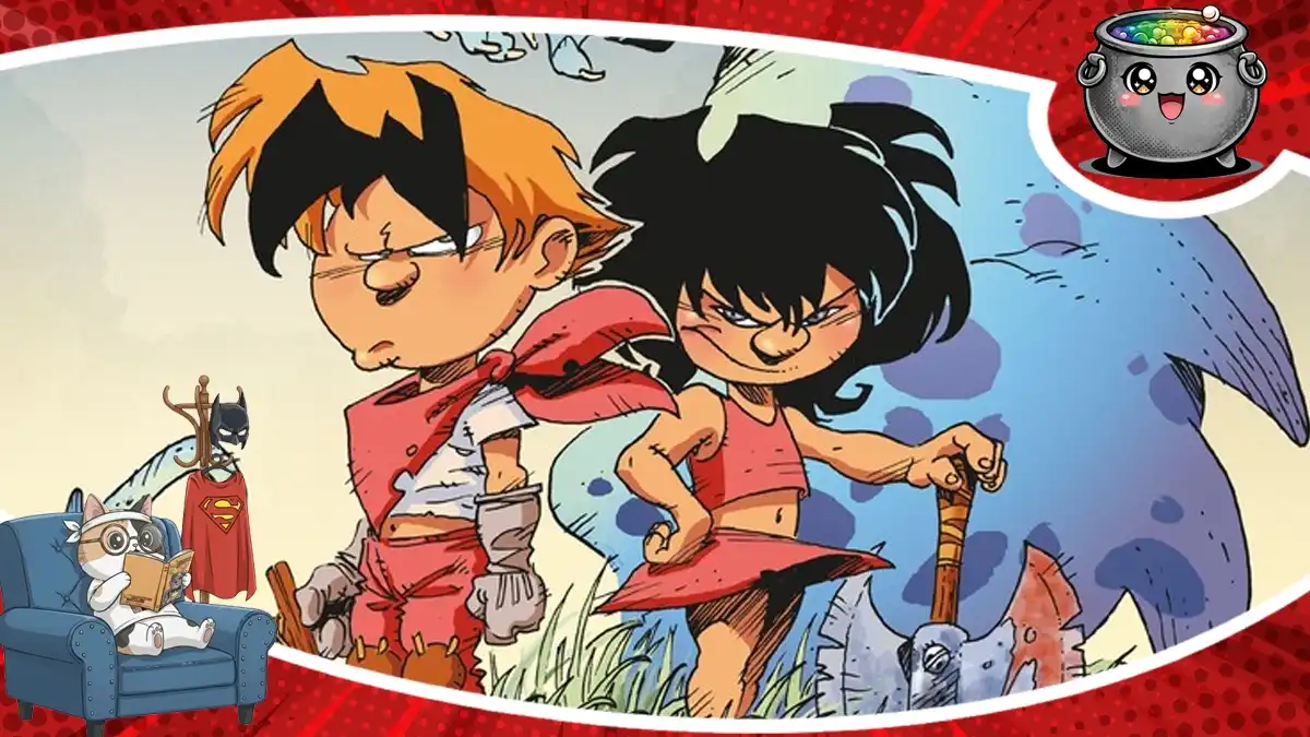 Ilustracja przedstawiająca głównych bohaterów serii komiksowej Brzdące z Troy, wykorzystana w recenzji komiksu.