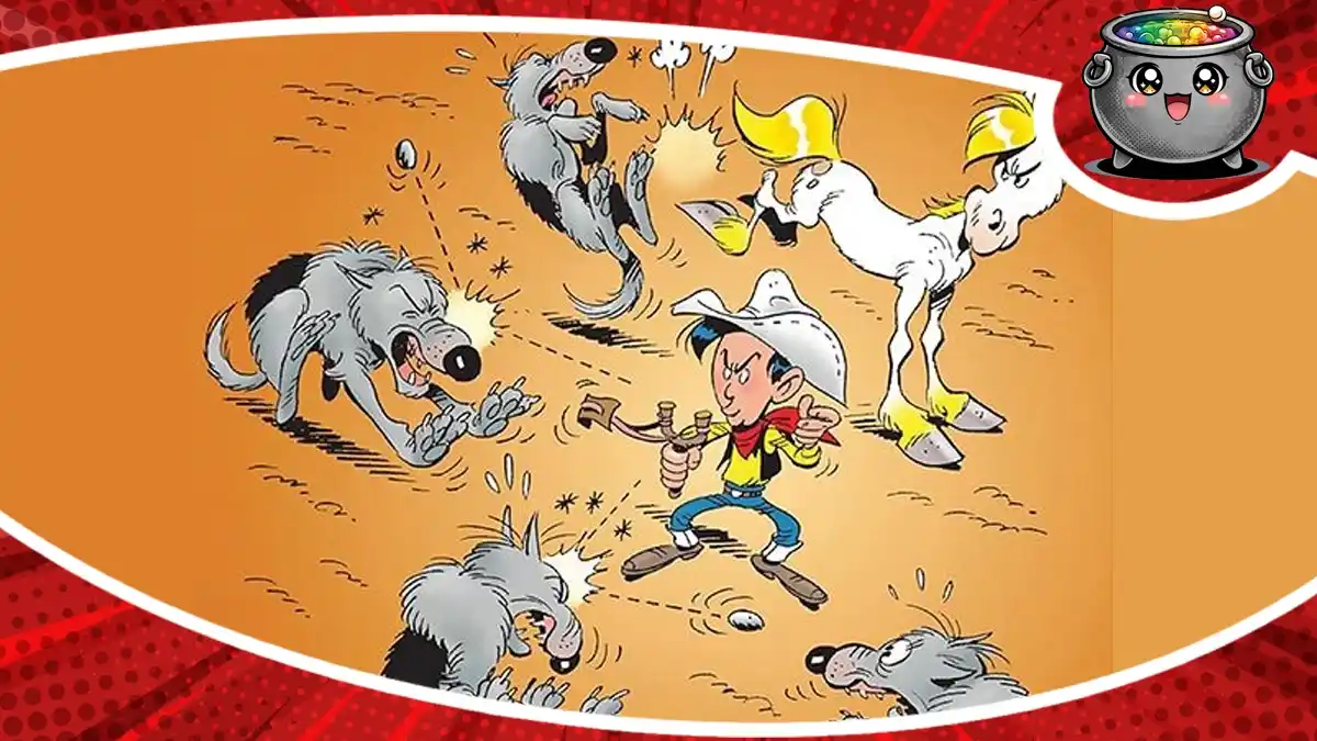 Dynamiczna scena z komiksu Lucky Luke: Kid Lucky, która ukazuje młodego bohatera w akcji, stanowiąc świetne uzupełnienie recenzji tej zabawnej serii komiksowej.