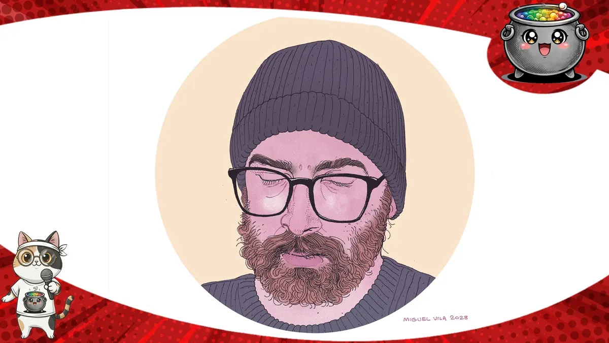 Ilustrowany portret rysownika Miguela Vili wykorzystany jako grafika główna do wywiadu z Miguelem Vilą