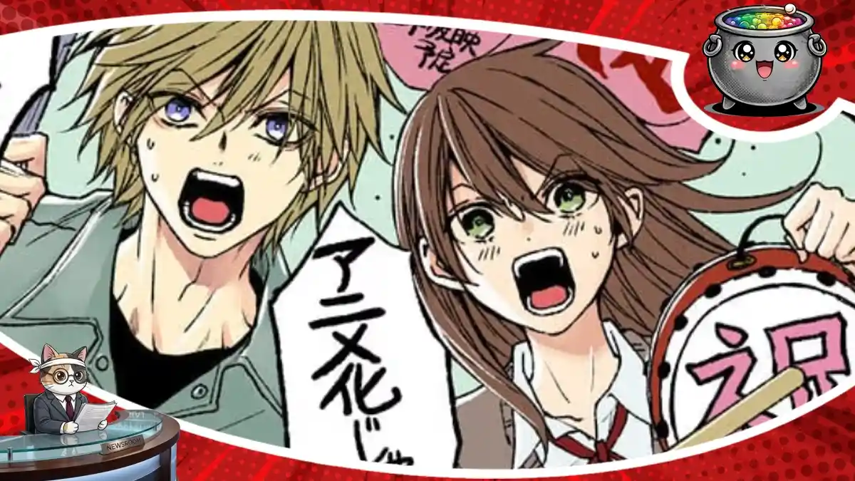 Dynamiczna ilustracja postaci z mangi Dengeki Daisy świętujących oficjalną zapowiedź adaptacji anime, która zadebiutuje na ekranach w 2027 roku.