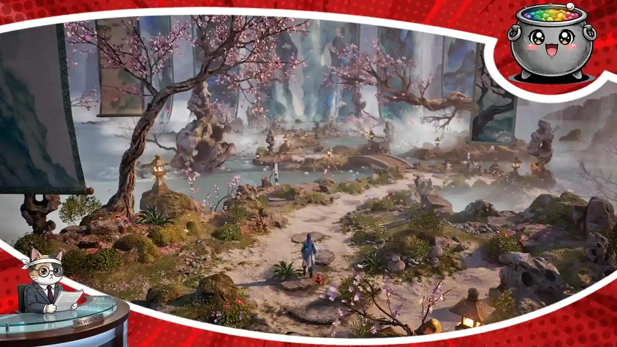 alowniczy krajobraz z gry Dinghai: The Ocean Pillar ukazujący magiczny świat mitów w nadchodzącym roguelike RPG o niezwykłej oprawie.