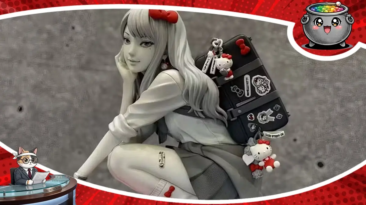 Zaskakująca figurka Tomie w klimacie horroru autorstwa Junji Ito, która została ozdobiona motywami Hello Kitty, tworząc nietypowe połączenie mroku i uroczych akcesoriów.