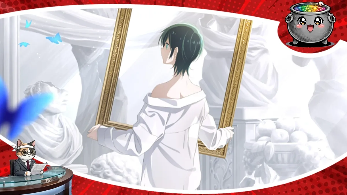 Artystyczna grafika zapowiadająca nową adaptację telewizyjną anime Just Like Mona Lisa, za którą odpowiada renomowane Studio SHAFT, znane z unikalnego stylu wizualnego.