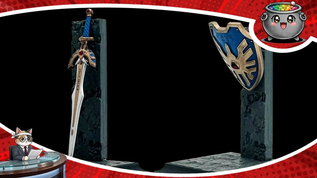 Kolekcjonerskie miniatury kultowej broni i tarczy z serii gier Dragon Quest, prezentowane na stylowych podstawkach, zapowiedziane w Japonii.