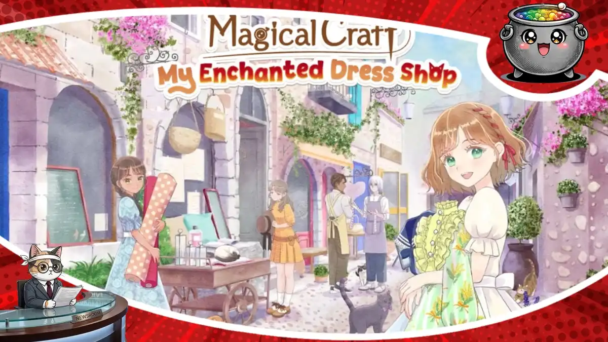 Kolorowa grafika promocyjna gry Magical Craft: My Enchanted Dress Shop, przedstawiająca główną bohaterkę oraz magiczny sklep, z datą premiery 2 października