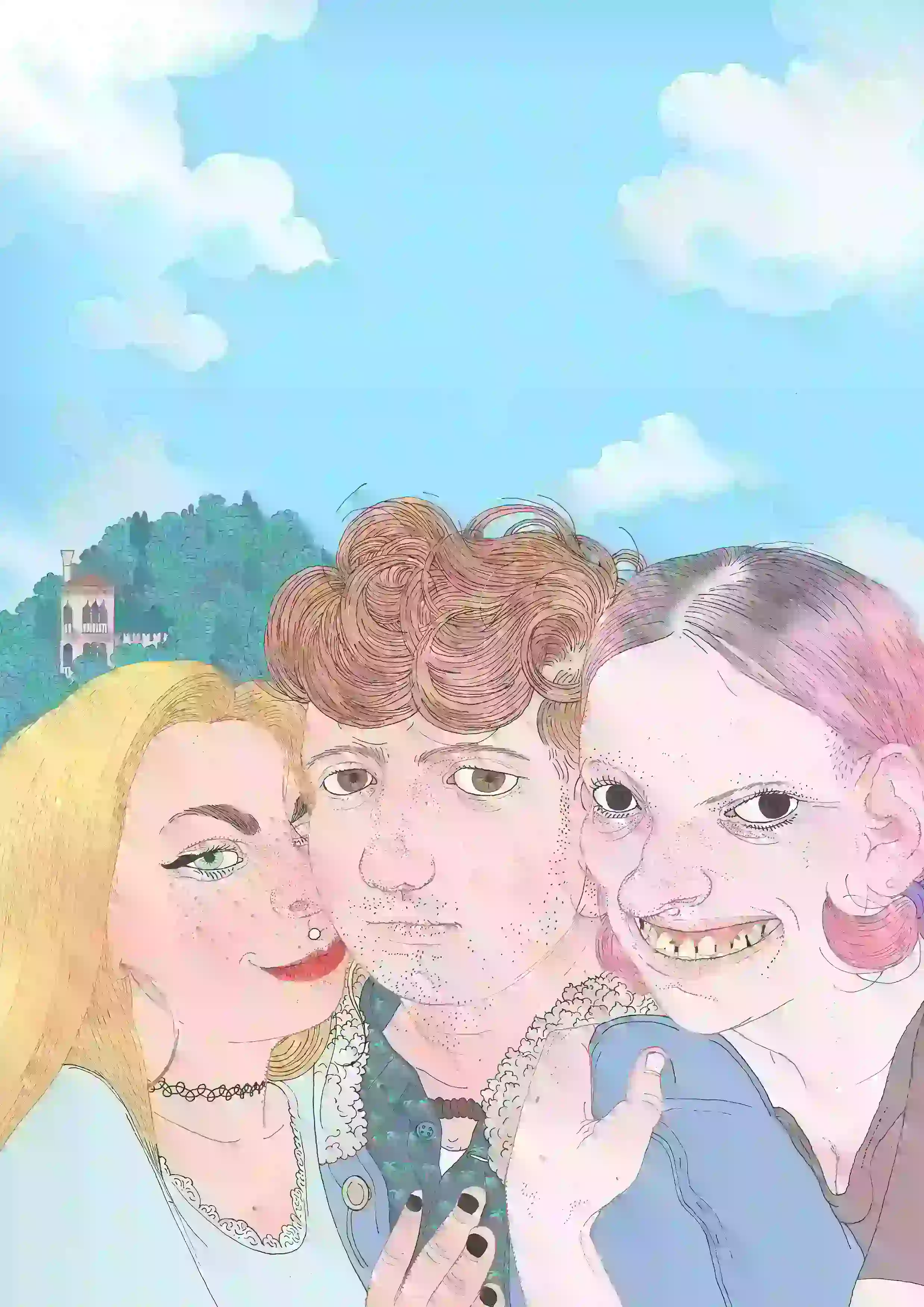 Ilustracja autorstwa Miguela Vili przedstawiająca trzy postacie w plenerze, użyta jako materiał ilustracyjny do wywiadu