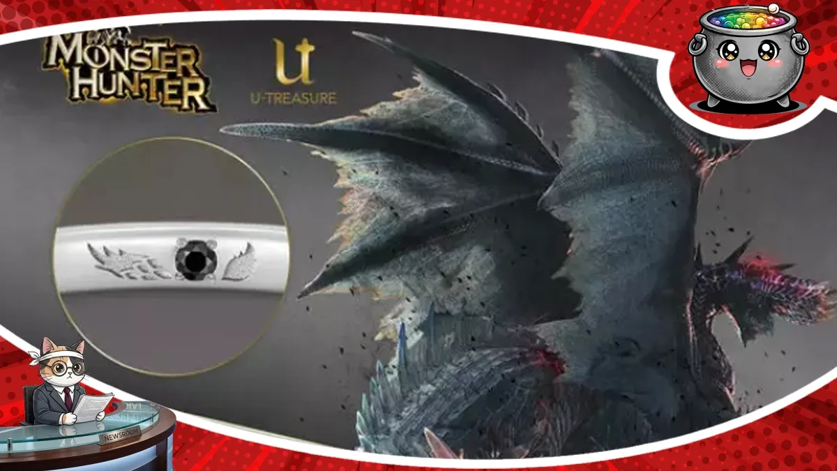 Eleganckie obrączki ślubne inspirowane serią Monster Hunter, stanowiące część unikalnej kolekcji biżuterii dostępnej w Japonii,