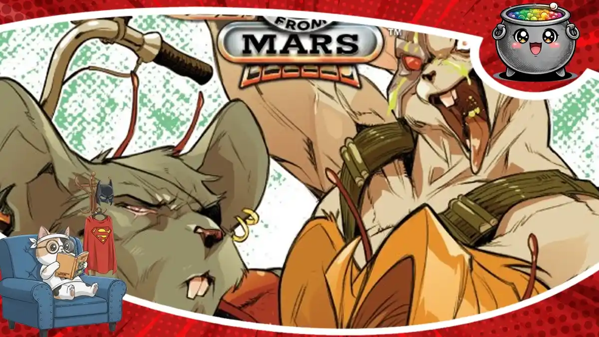Dynamiczna ilustracja z komiksu Motomyszy z Marsa tom 1 Panika na Czerwonej Planecie, przedstawiająca trójkę antropomorficznych bohaterów w intensywnej scenie akcji na tle marsjańskiej stylistyki sci-fi