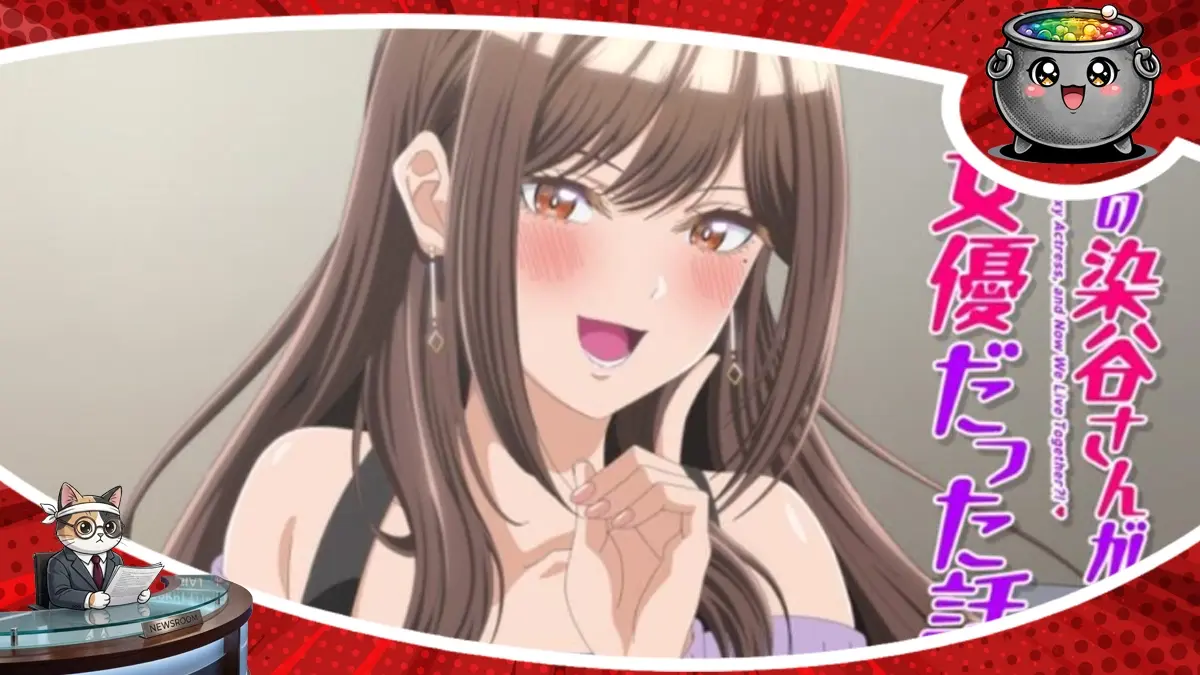 Urocza główna bohaterka na grafice promującej anime My Classmate’s a Sexy Actress, and Now We Live Together, którego premiera została oficjalnie potwierdzona na lipiec