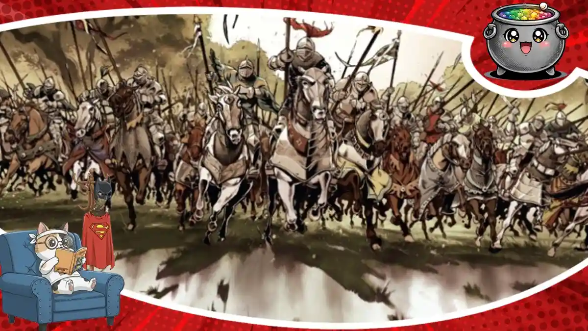Imponująca szarża opancerzonej kawalerii na historycznym polu bitwy z pierwszego tomu komiksu Ogr, zapowiadająca pełną epickich starć i realizmu opowieść graficzną.