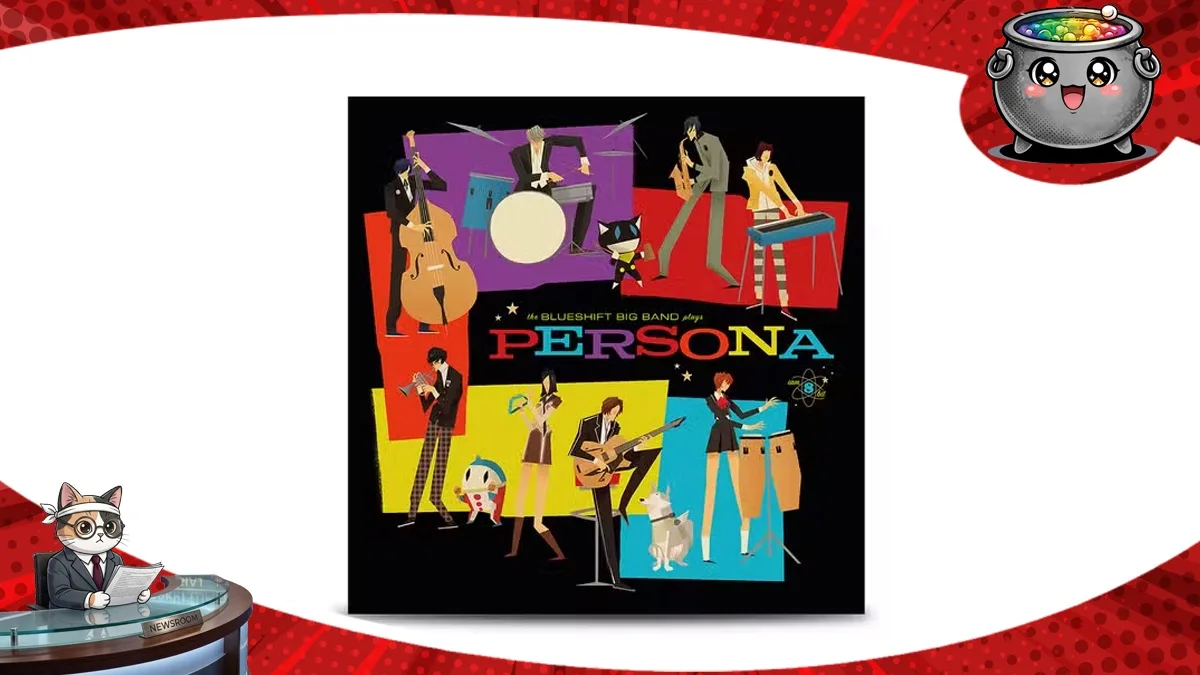 Stylizowana okładka albumu Persona 30th Anniversary Jazz Album, na której postacie z kultowej serii gier wcielają się w rolę muzyków jazzowych grających na instrumentach.