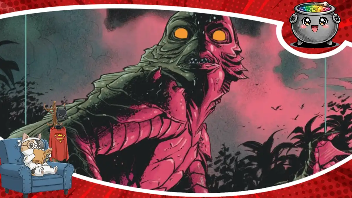 Grafika przedstawiająca fragment okładki komiksu Potwór z Czarnej Laguny Żyje! Grafika do recenzji tego komiksu.