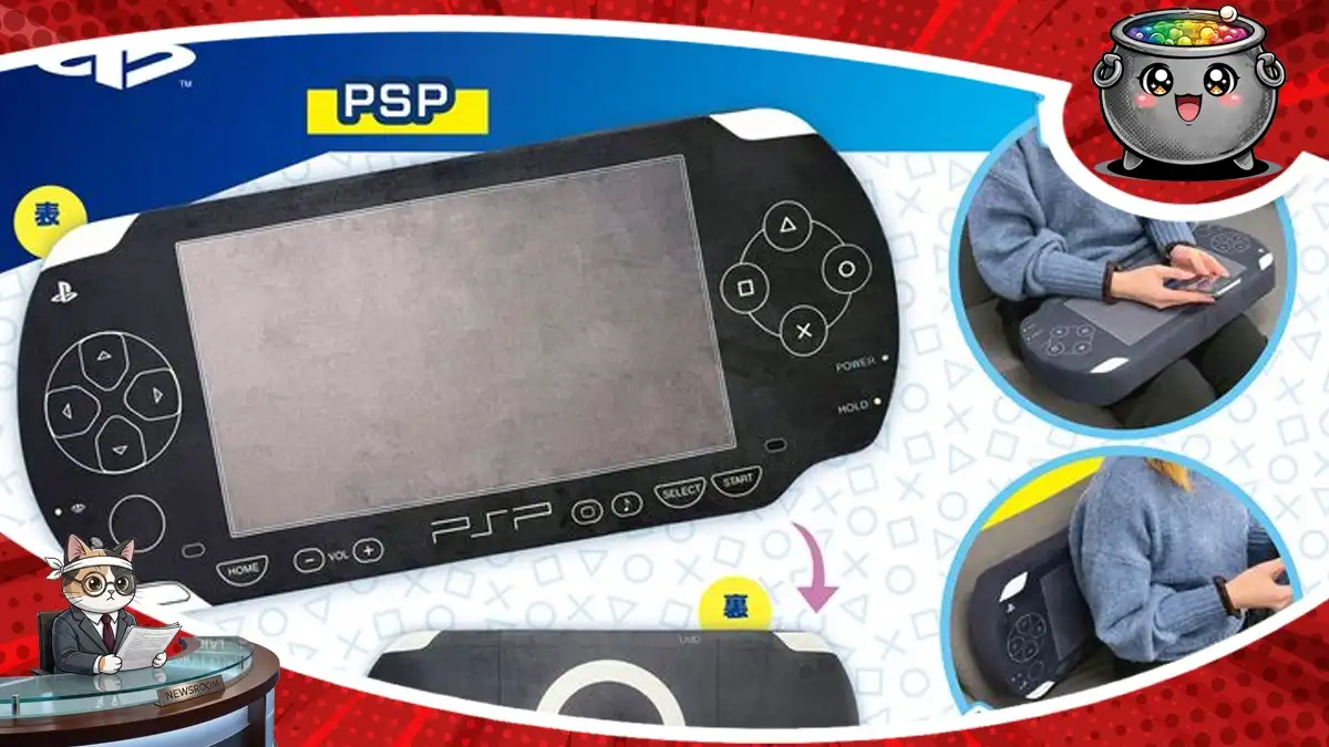 Miękka pluszowa poduszka w kształcie kultowej konsoli PSP, którą można wyłowić z japońskiego automatu typu crane game w ramach nietypowej akcji relaksacyjnej.