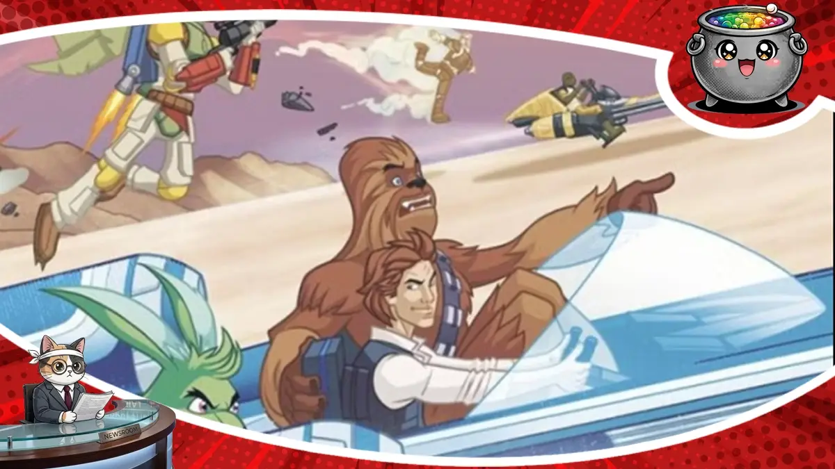 Han Solo i Chewbacca w szybkim pościgu na grafice z Star Wars: Smugglers and Scoundrels, gdzie w tle widać Boba Fetta pędzącego przez pustynną planetę.