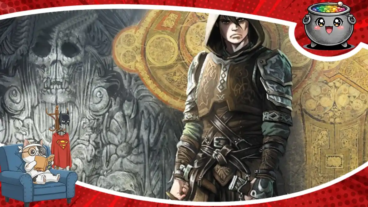 Mroczny kadr z komiksu Świat Akwilonu: Elfy tom 17 przedstawiający tajemniczego wojownika na tle antycznych ruin.