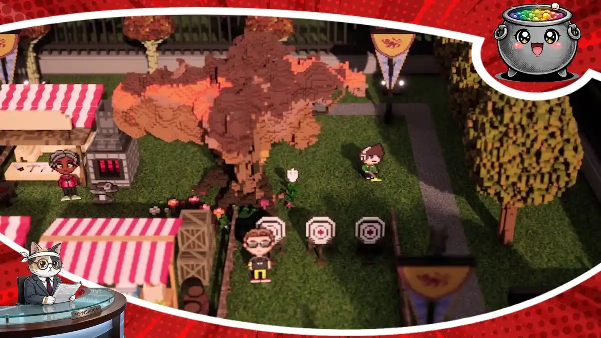 Sielankowa scena z gry The Detectorist Guild, w której postacie eksplorują park w poszukiwaniu skarbów przy użyciu wykrywacza metali w tym relaksującym RPG.