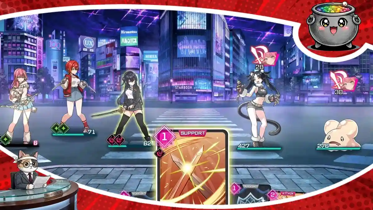 Dynamiczna scena walki z gry Tokyo Valkyries, ukazująca taktyczne starcie w nowoczesnym mieście, gdzie użycie kart wsparcia decyduje o losach bitwy w nowym deckbuilderze.