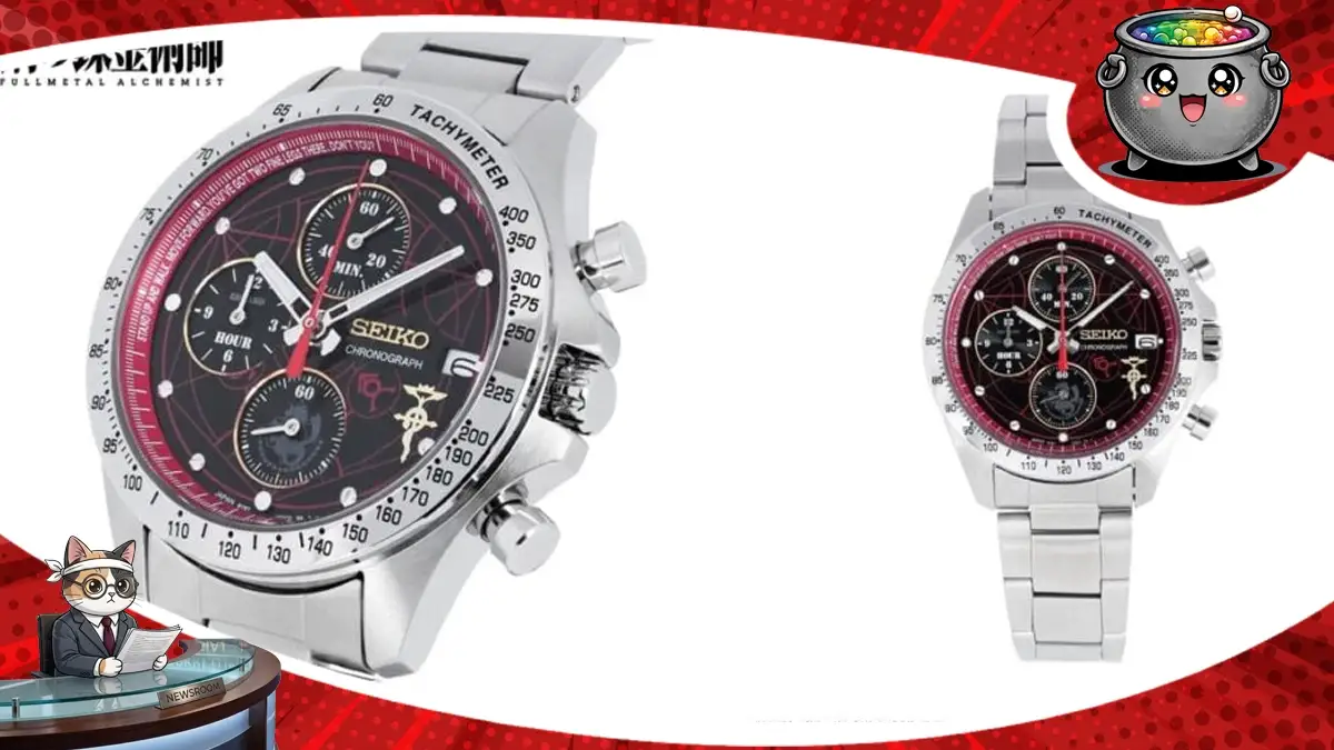 Limitowany zegarek Seiko inspirowany serią Fullmetal Alchemist, prezentujący elegancki design z motywami nawiązującymi do postaci Edwarda Elrica oraz jego przygód