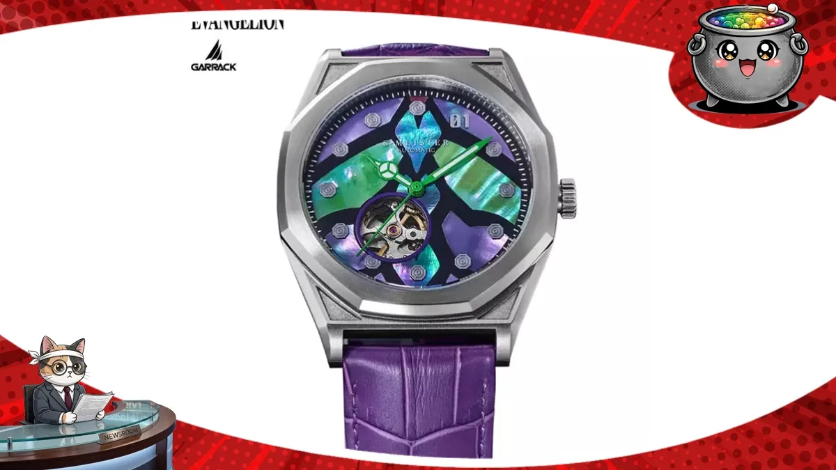 Luksusowy zegarek z serii Neon Genesis Evangelion z tarczą wykonaną z mieniącej się macicy perłowej oraz fioletowym paskiem, prezentujący unikalny design