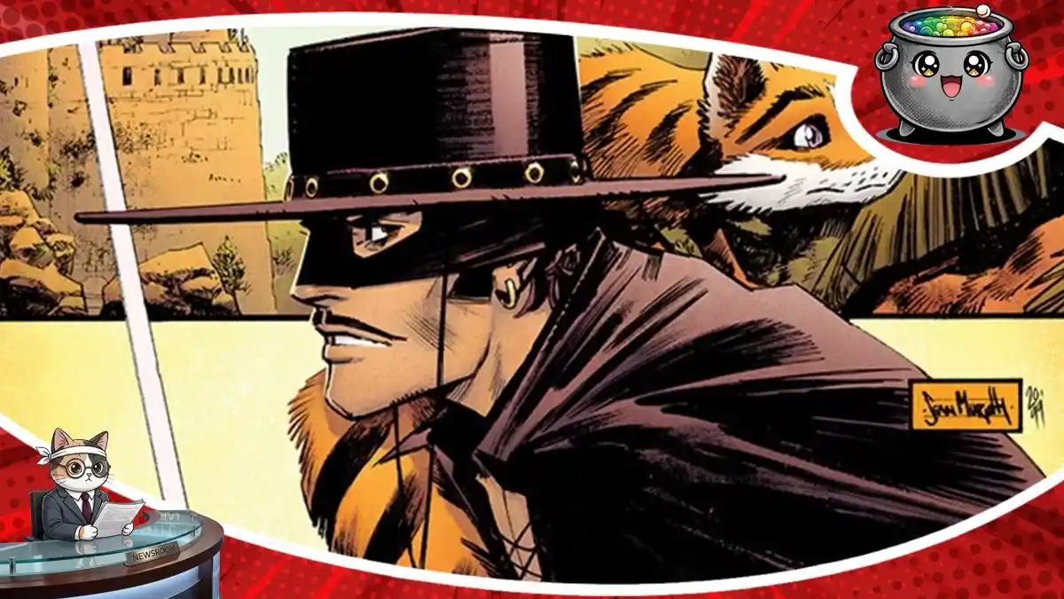 Klimatyczna grafika przedstawiająca Zorro w jego klasycznym stroju, zapowiadająca nową, współczesną reinterpretację przygód kultowego bohatera w formie komiksu.