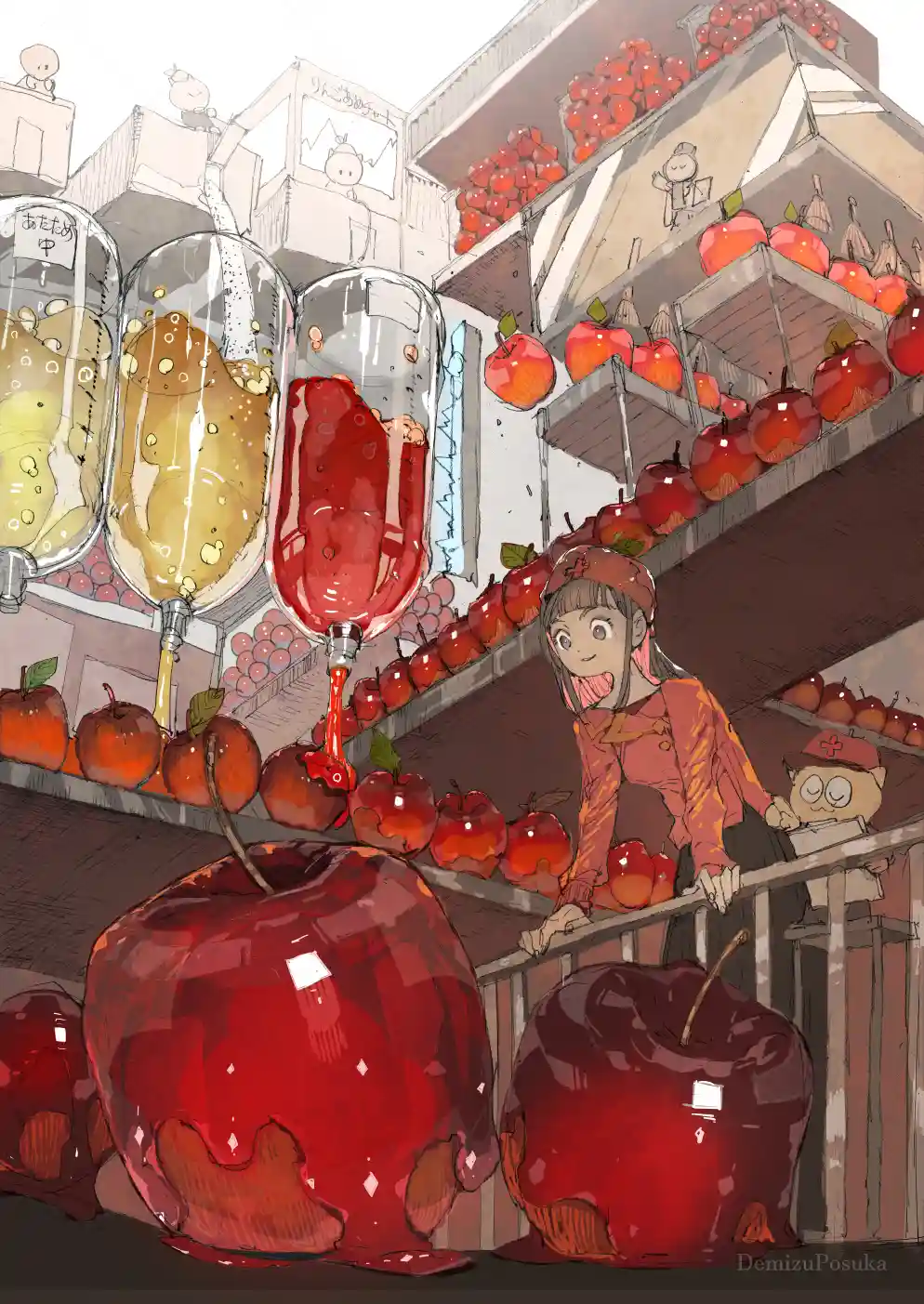 Artystyczna ilustracja autorstwa Posuki Demizu przedstawiająca proces powstawania jabłek w syropie, z postaciami w fantastycznym otoczeniu pełnym owoców.