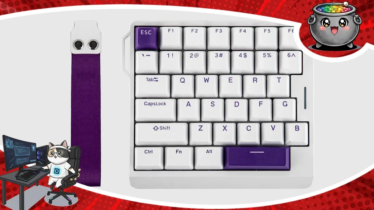 Kompaktowa, magnetyczna klawiatura Epomaker HE30 w kolorze białym z fioletowymi akcentami i dołączonym paskiem, przedstawiona na potrzeby recenzji.