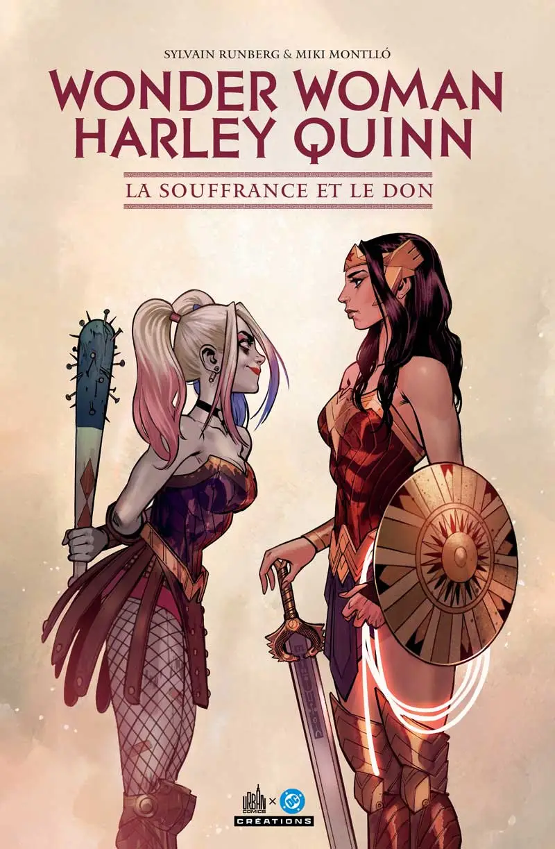 Okładka komiksu Wonder Woman Harley Quinn: La Souffrance et le Don autorstwa Sylvaina Runberga i Mikiego Montllo, ukazująca spotkanie ikonicznych postaci DC Comics.