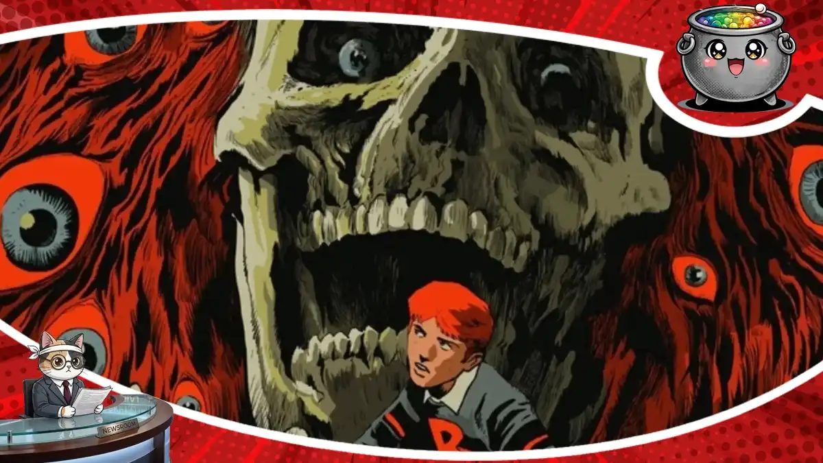 Mroczna grafika z komiksu Afterlife with Archie, przedstawiająca postać na tle przerażającej czaszki i czerwonych motywów, zwiastująca aktorski serial o zombie w Riverdale.