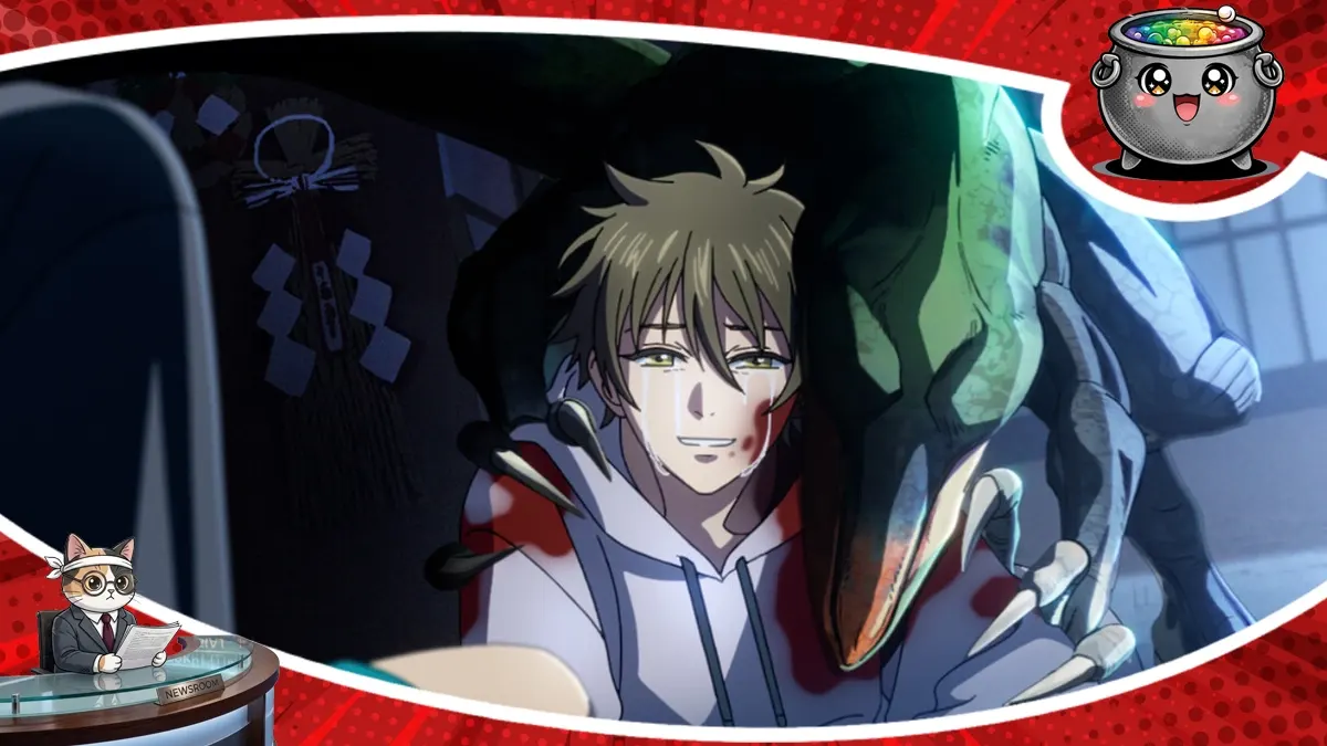 Zaskakująca scena z zapowiedzianego anime Jurassic Shadows, łącząca motywy dinozaurów, wojowników ninja oraz tajemniczego makijażu w mrocznej i dramatycznej oprawie.