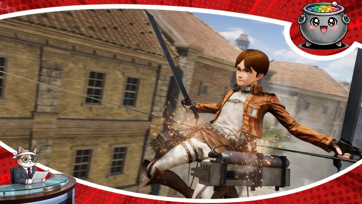 Dynamiczny kadr z gry przedstawiający Eren Yeager w akcji zapowiada wyczekiwane ogłoszenie Attack on Titan 3, co ekscytuje fanów serii na całym świecie.