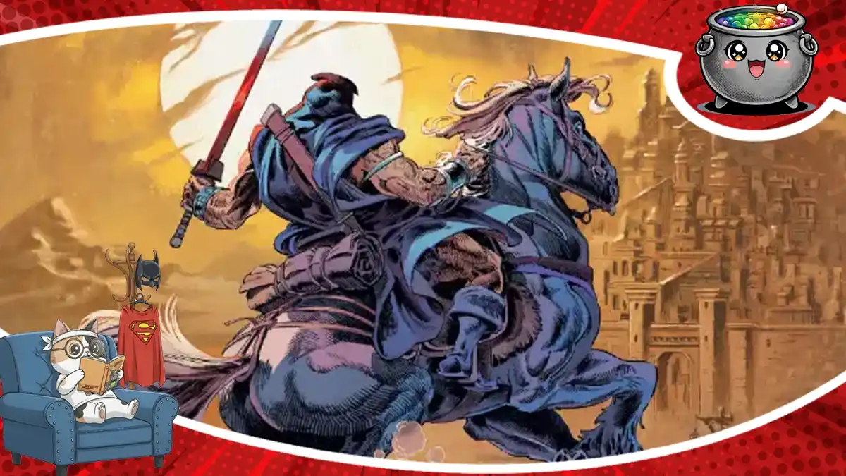 Dynamiczna ilustracja fantasy przedstawiająca wojownika na koniu w scenerii przywodzącej na myśl mroczne legendy, stanowiąca oprawę recenzji komiksu Bestia z Północy.