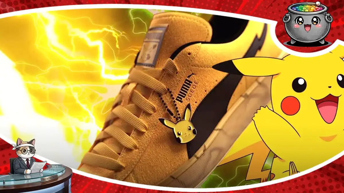 Limitowane buty Puma Suede inspirowane postaciem Pikachu z motywem błyskawic i uroczą zawieszką w tle z wizerunkiem popularnego Pokémona.