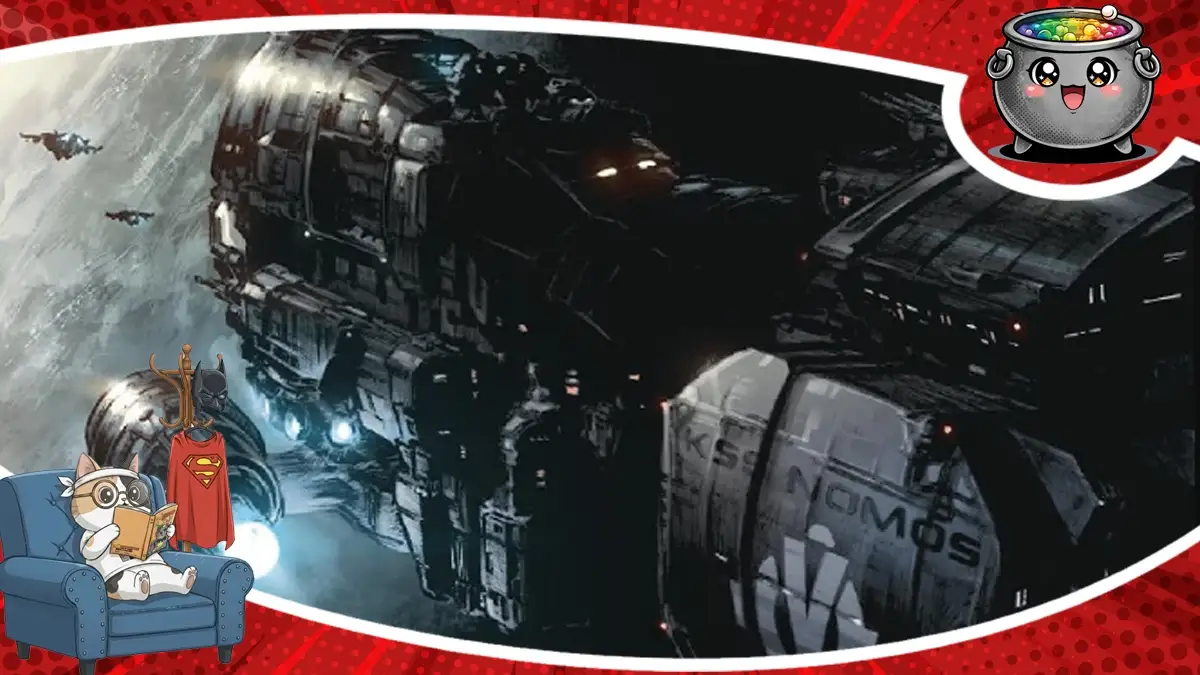 Imponujący statek kosmiczny KSS Nomos w mrocznej scenerii, ilustrujący recenzję komiksu science-fiction „Czarny horyzont”.