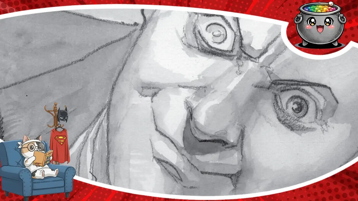 Zbliżenie na wyrazistą twarz postaci z komiksu Doktor Bezwartościowy, ilustrujące recenzję tego tytułu.