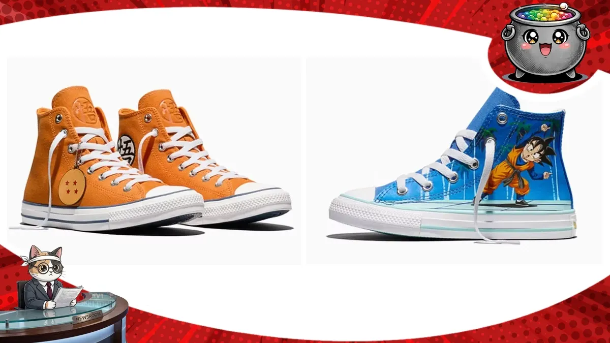 Dwie pary kultowych trampek Converse z motywami z anime Dragon Ball Z, w tym pomarańczowa para z zawieszką w kształcie Smoczej Kuli oraz niebieska para z wizerunkiem Goku.