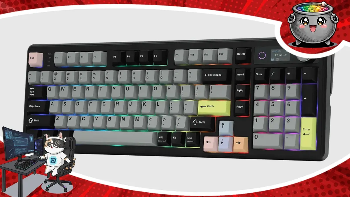Mechaniczna klawiatura Epomaker TH99 Pro z podświetleniem RGB, blokiem numerycznym oraz ekranem, idealna do recenzji.
