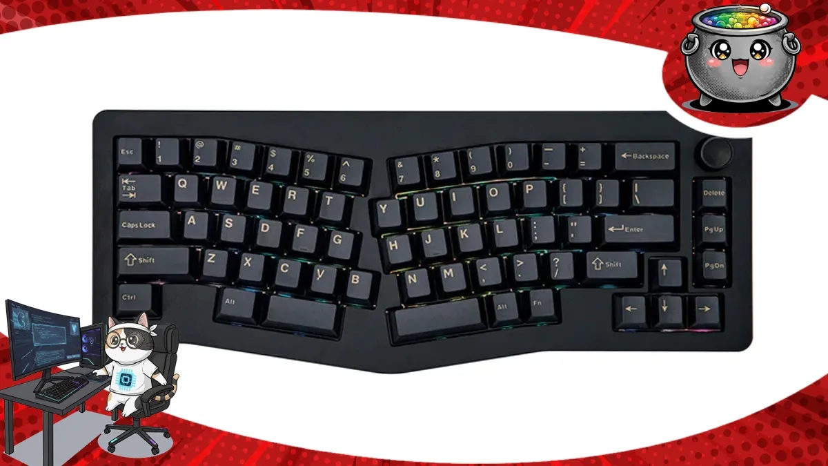 Czarna, ergonomiczna klawiatura mechaniczna Epomaker Tide Alice w układzie typu Alice z ciemnymi keycapami i pokrętłem, zilustrowana na potrzeby recenzji.