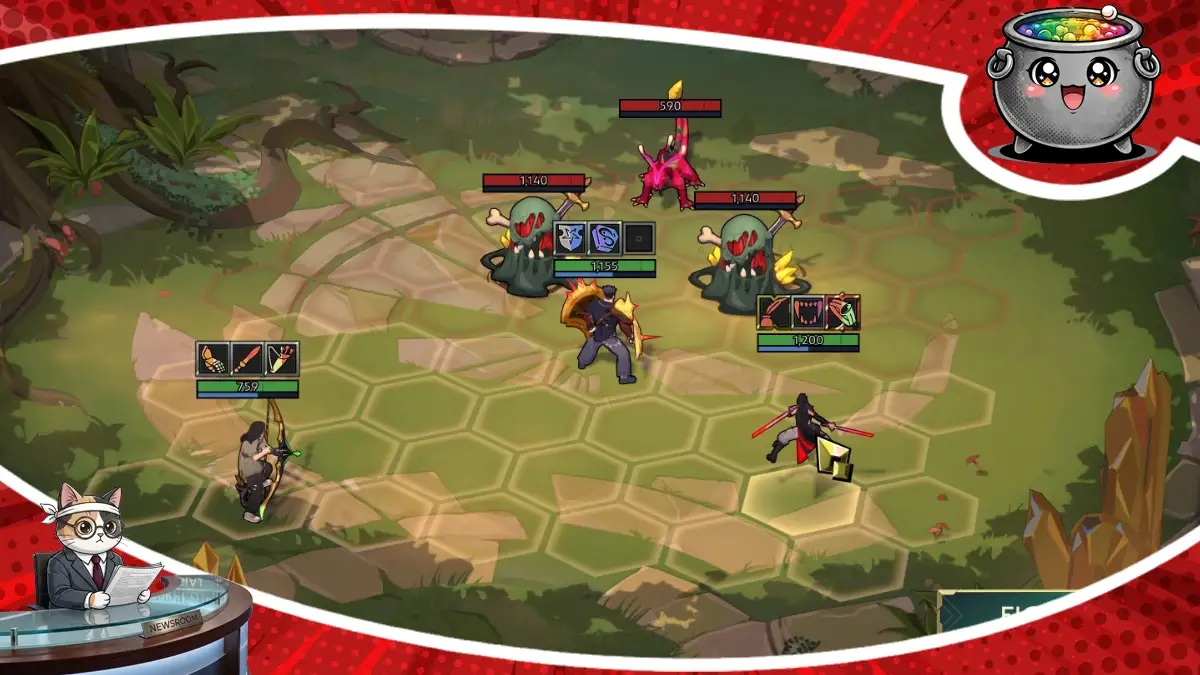 Taktyczna rozgrywka w nowym roguelike'u Guildrun, tworzonym przez autorów Hearthstone i The Bazaar, ukazująca starcie drużyny bohaterów z potworami na arenie.