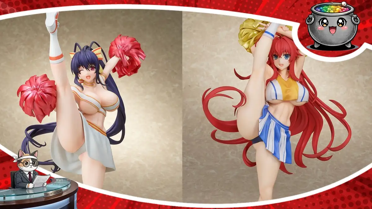 Kolekcjonerskie figurki Rias i Akeno z serii High School DxD, prezentujące postacie w dynamicznych pozach cheerleaderek z pomponami, zachwycające detalami wykonania.