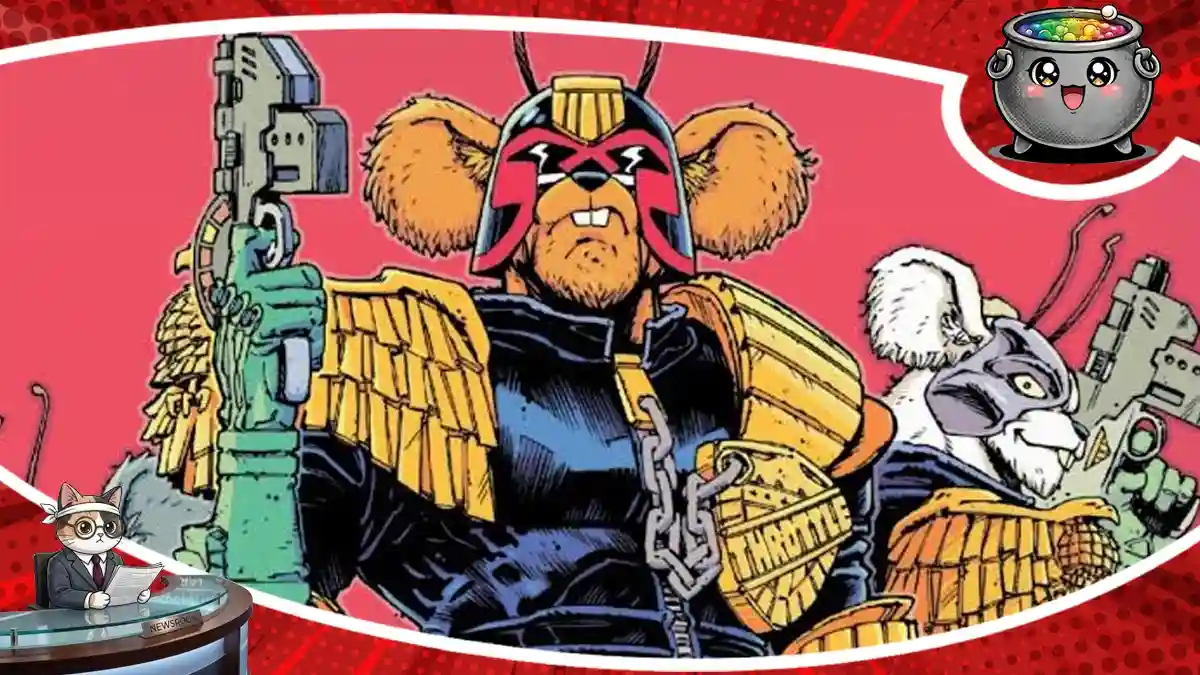 Absurdalna grafika z komiksowego crossoveru łączącego świat Judge Dredd z Motomyszami z Marsa, ukazująca postacie w strojach sędziów w Mega-City One