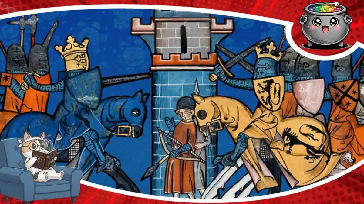 Ilustracja nawiązująca do średniowiecznej ikonografii przedstawiająca rycerzy w zbrojach i bitewną scenerię z zamkiem, jako oprawa recenzji książki Kapetyngowie.