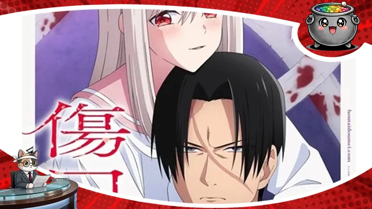 Grafika promująca zapowiedź adaptacji anime Kizuguchi to Hōtai, która zadebiutuje w 2027 roku w produkcji studia J.C. Staff.