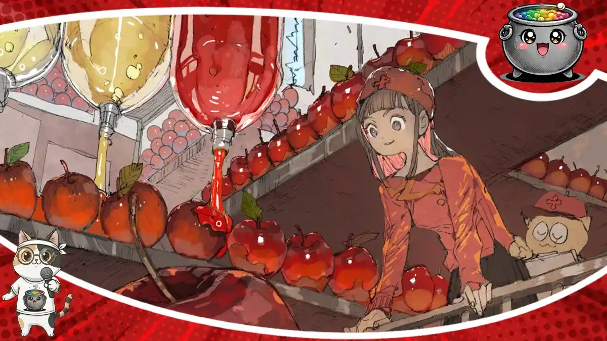 Grafika promująca wywiad z ilustratorką Posuką Demizu w ramach cyklu Kociołkowe rozmowy, przedstawiająca artystyczną scenę z postaciami w otoczeniu czerwonych jabłek.
